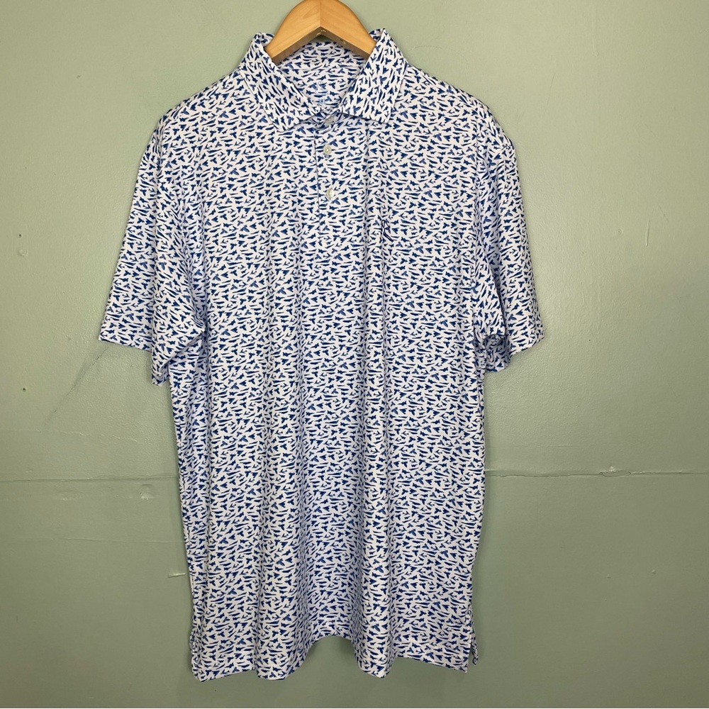 Rhoback Planes Men's White Polo with Blue Micro Print